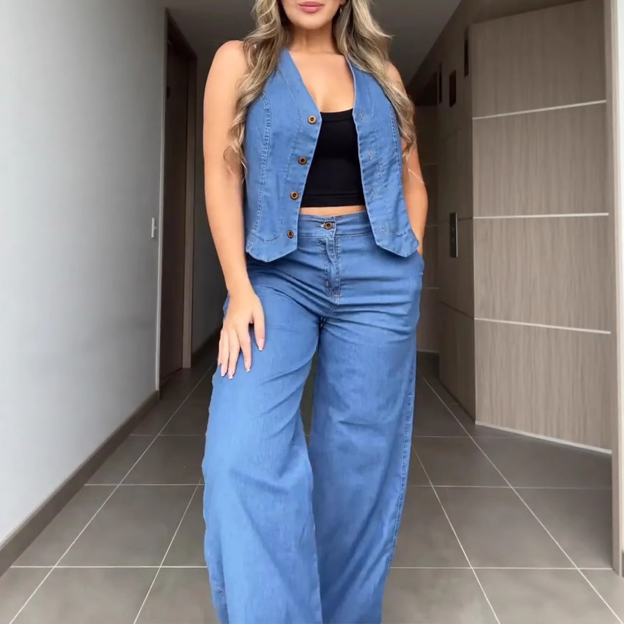 Sleeveless Denim Suit Vest Denim Two-piece Suit