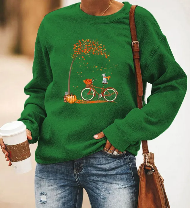 Bicycle Printing Long Sleeve Crew Neck Sweater Women Green - Shop at LoveMi