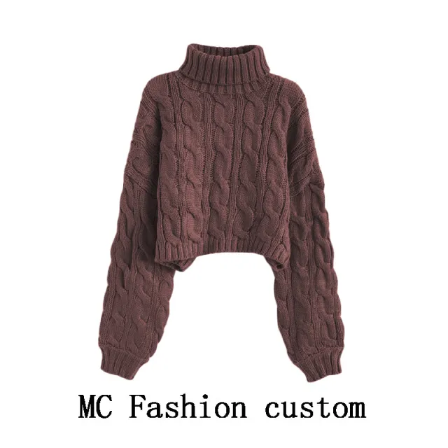 Turtleneck Pullover Short Cable knit Sweater Women Brown - Shop at LoveMi