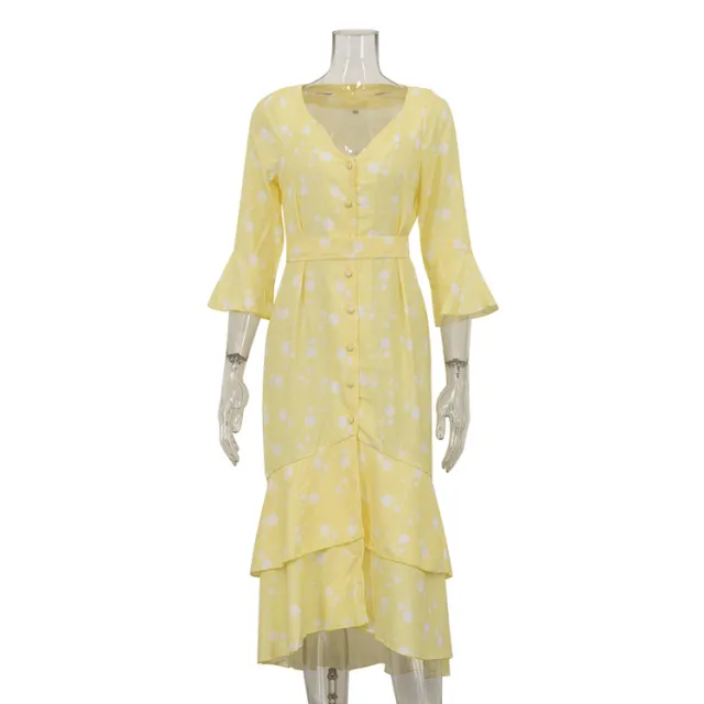 Asymmetric V neck Flared Sleeves Floral Dress Yellow - Shop at LoveMi