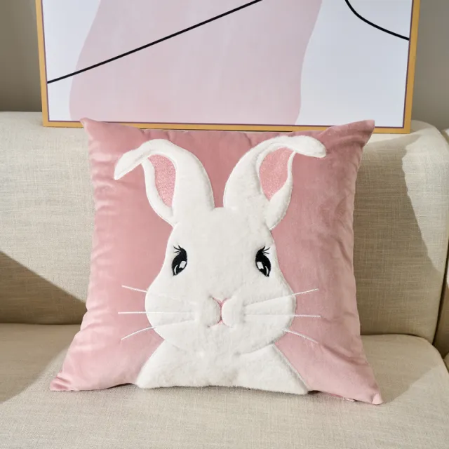 Embroidered Velvet Plush Cute Sofa Decorative Cushion Pillow Cover Pink Rabbit - Shop at LoveMi