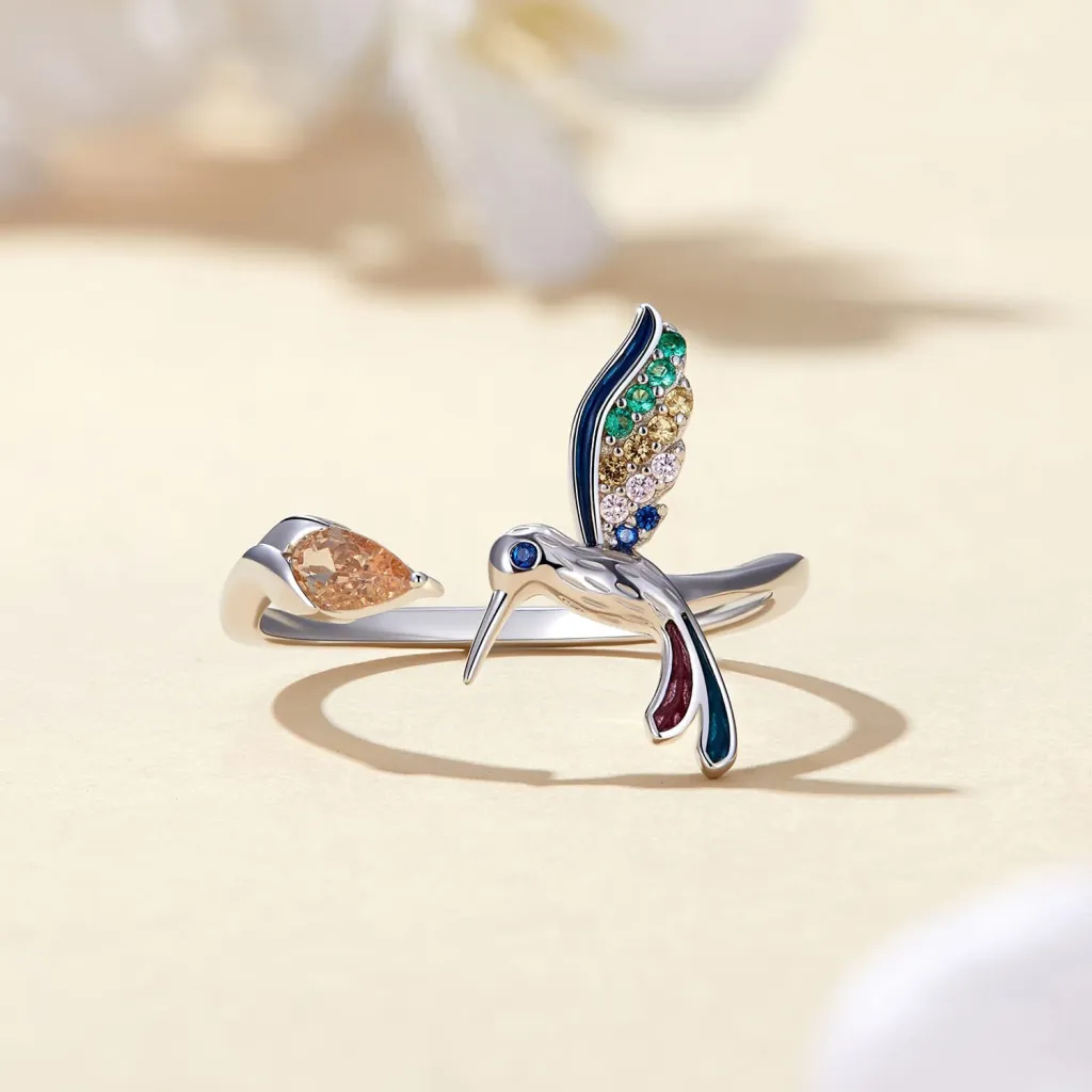 Environmentally Friendly Copper Material Multi-color Zircon Inlaid Bird Drop Ring - Platinum