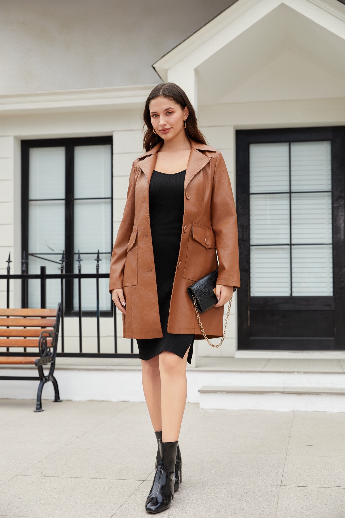 Women’s Long Leather Trench Coat – Fashion Outerwear