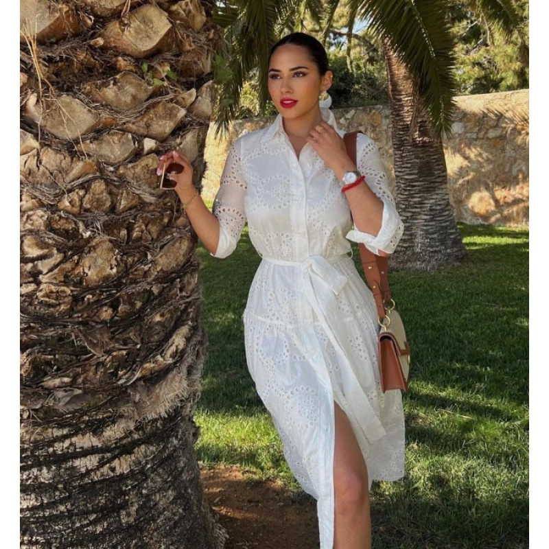 Embroidered Stand up Collar Belt Slim Dress Red - Shop at LoveMi