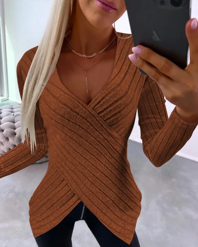 Autumn And Winter New Irregular Width Sunken Stripe Slim Long Sleeve Top Caramel Color M - Shop at LoveMi