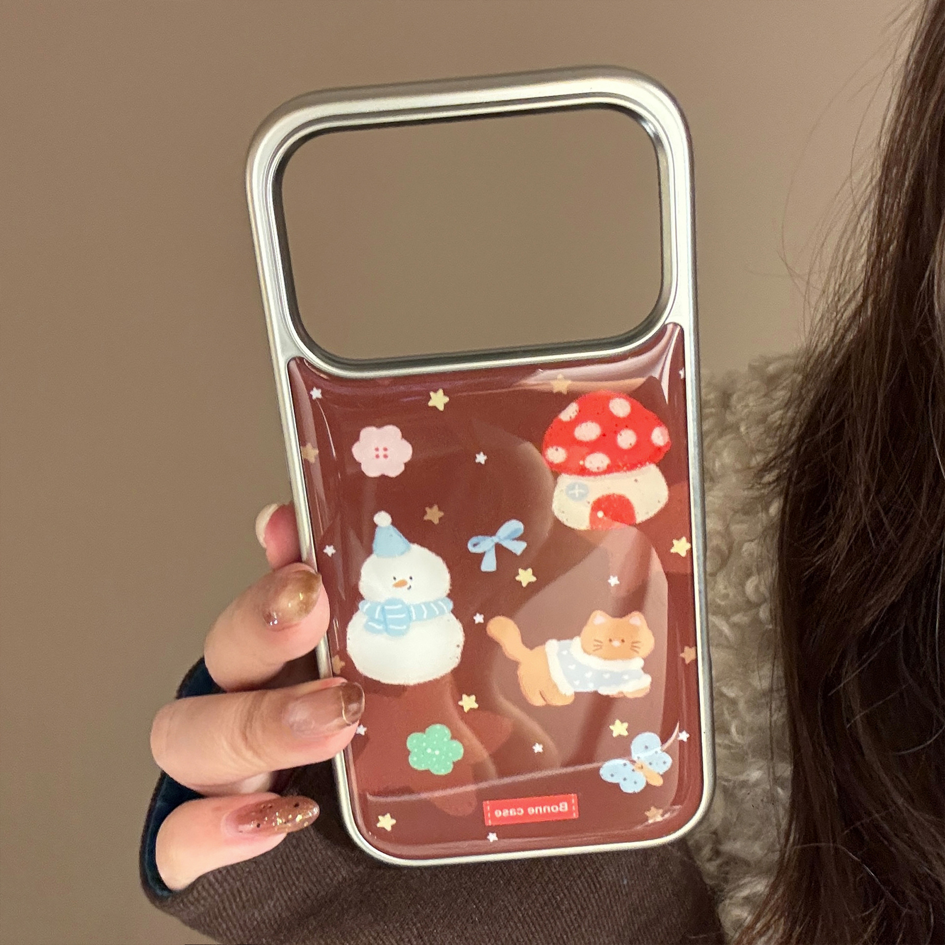 Resin-coated Retro Cartoon Snowman Phone Case In Winter Brown