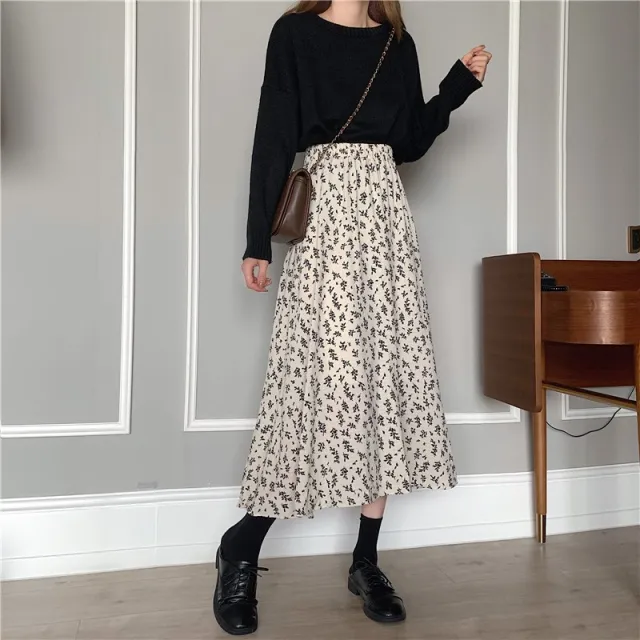 Floral New Fresh High Waist Slimming Korean style Midi A Line Skirt White - Shop at LoveMi