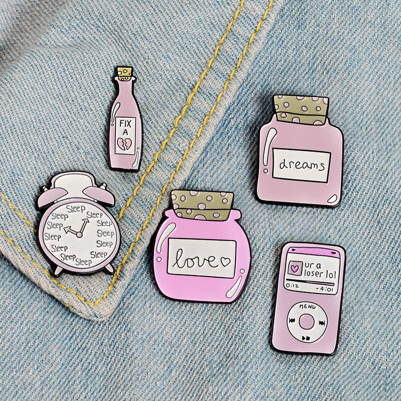 Title 3, Cute Cartoon Pink Alarm Clock Bottle Alloy Brooch