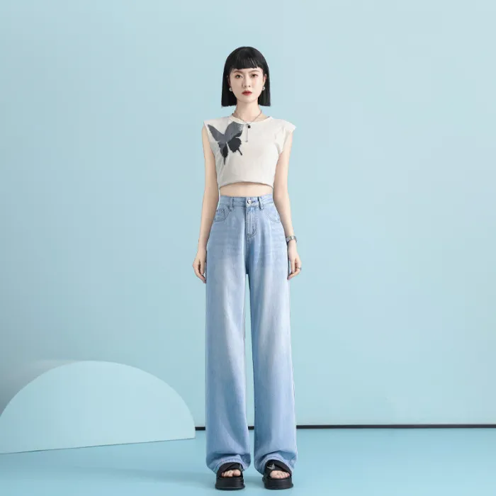 Lyocell Jeans Thin Super Soft Texture Mopping High Waist Wide Leg Jeans - 826 Ice Blue Lengthened
