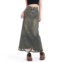 American Retro Make Old Ripped Denim Package Hip Skirt Women - Retro Blue - View 1
