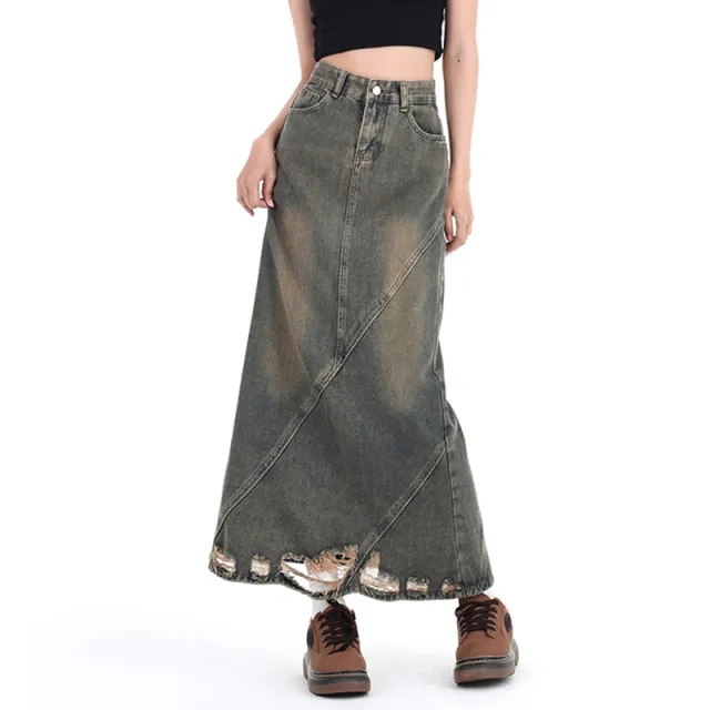 American Retro Make Old Ripped Denim Package Hip Skirt Women Retro Blue - Shop at LoveMi