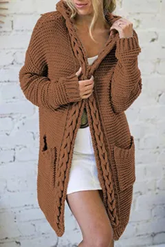 Women's Contrast Colour Twist Pocket Cardigan Knitted Sweater Coat - Caramel-L - View 1