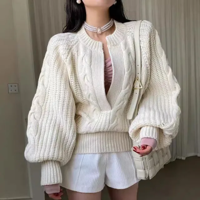 Twill Knitted Pullover Loose Colorized Sweater White - Shop at LoveMi