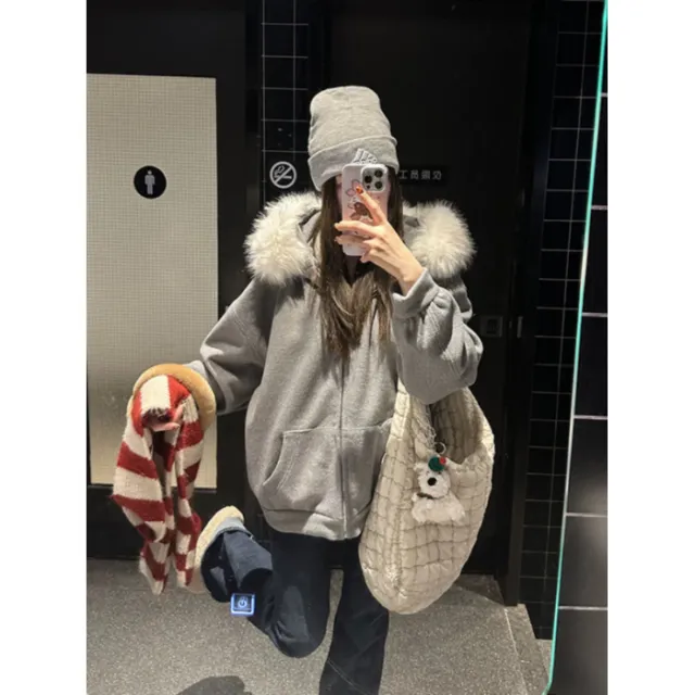 American Retro Fur Collar Hooded Cardigan Sweater Women Dark Gray - Shop at LoveMi