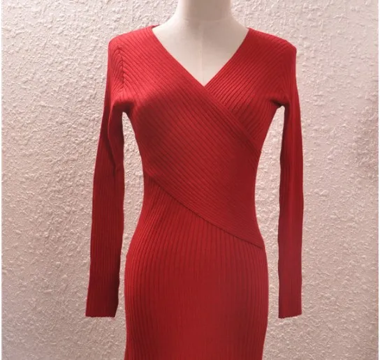 Autumn And Winter New Sexy Cross Low cut V neck Knitted Dress Red - Shop at LoveMi