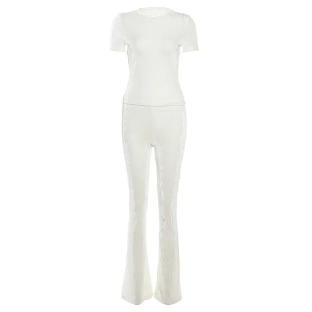 Short Sleeve Top High Waist Casual Trousers Suit White - Shop at LoveMi