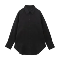 Women's Fashion Long Linen Sleeves Lapel Shirt - Black - View 1