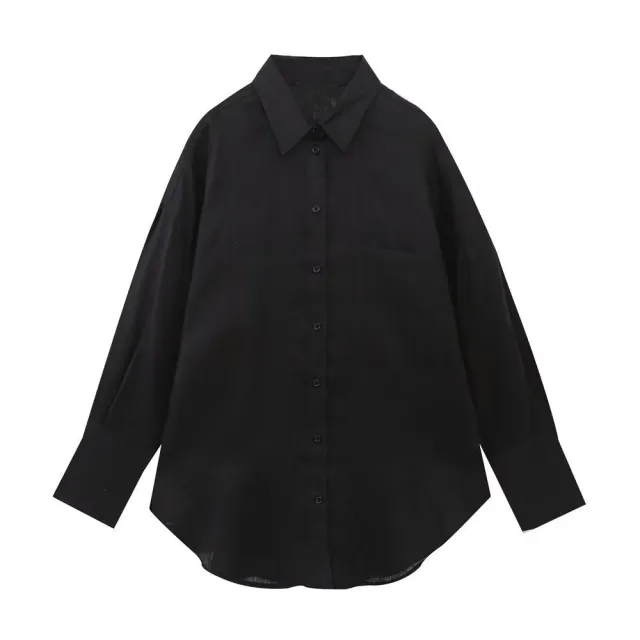 Women's Fashion Long Linen Sleeves Lapel Shirt Black - Shop at LoveMi