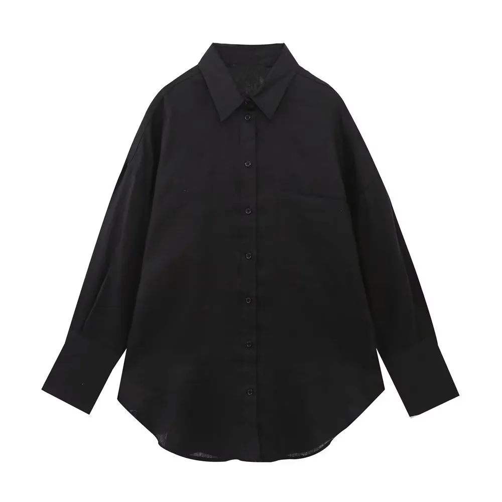 Women's Fashion Long Linen Sleeves Lapel Shirt - Black