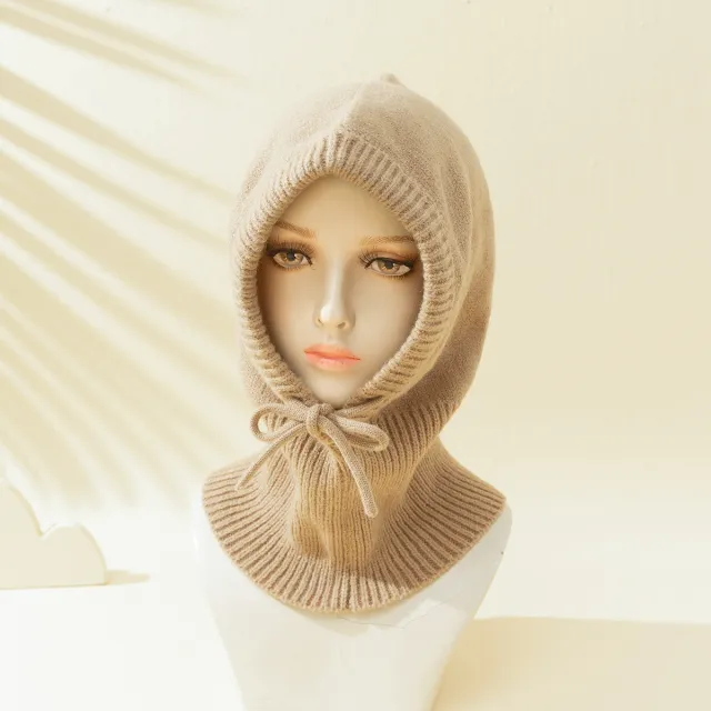 Women's Solid Color Drawstring Strap Scarf Integrated Simple Thermal Knitting Beanie Hat Khaki - Shop at LoveMi
