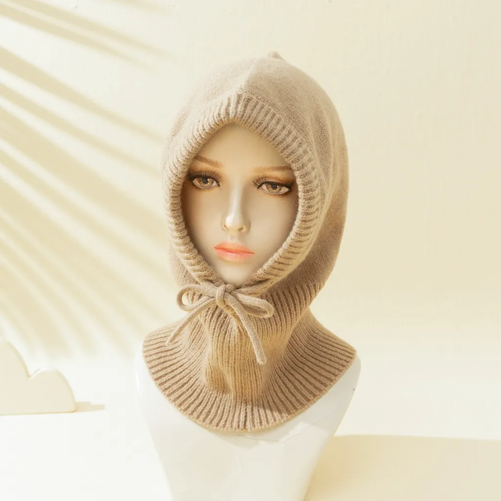 Women's Solid Color Drawstring Strap Scarf Integrated Simple Thermal Knitting Beanie Hat - Khaki