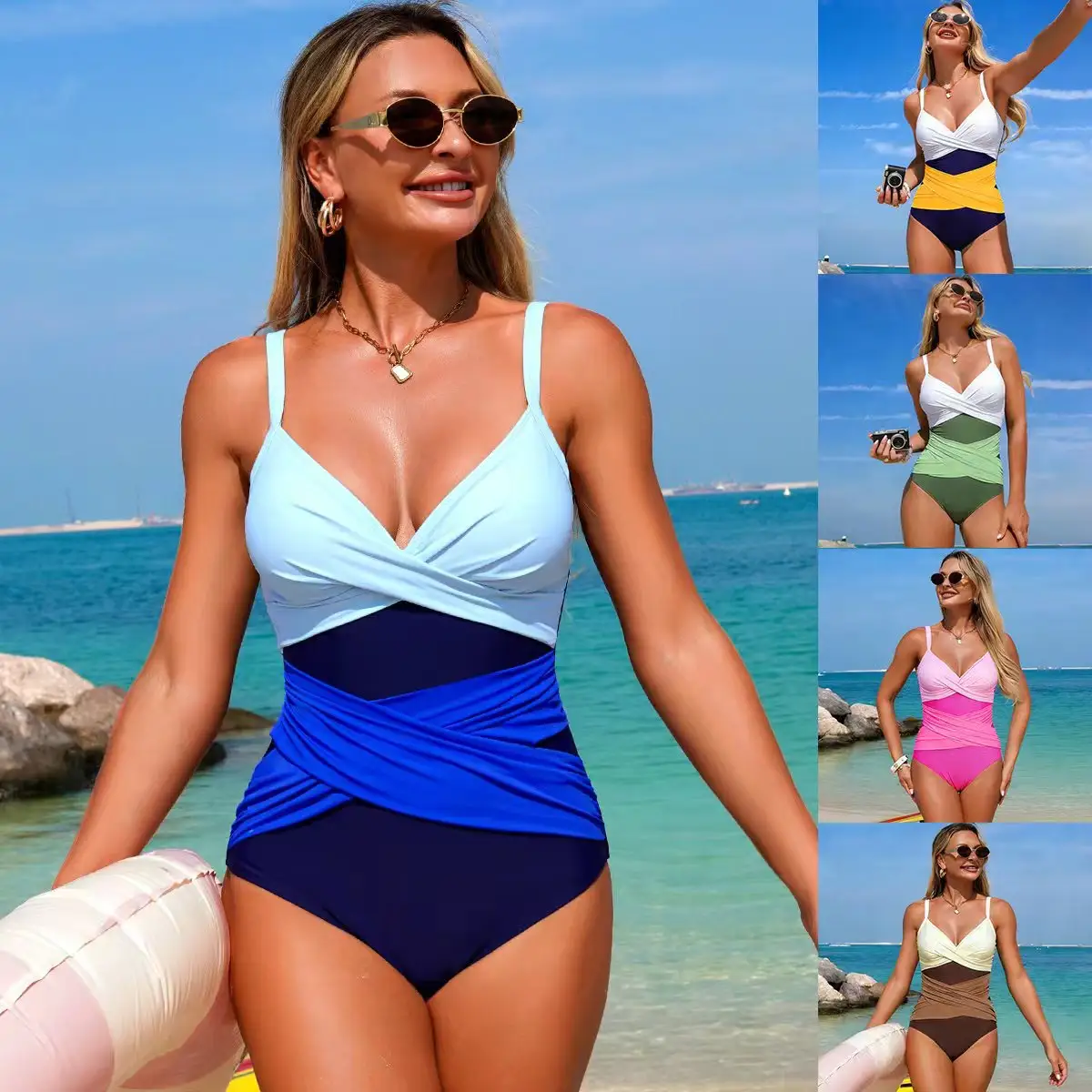 Women's Color-Block Sports Bikini One-Piece Swimsuit