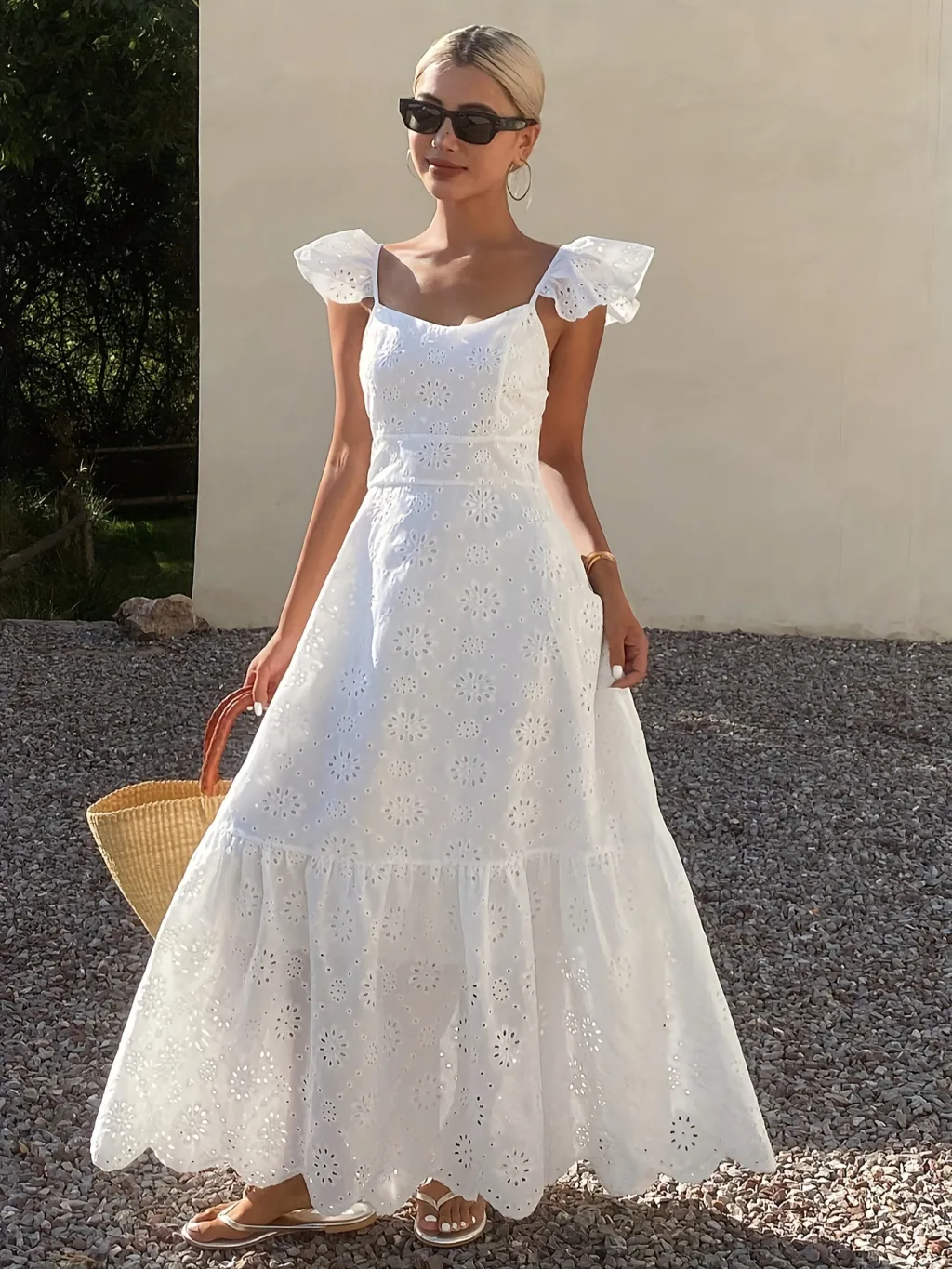 French Style Temperament Long Cutout Sling Long Dress - White