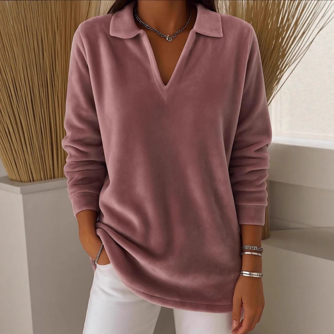 Solid Color Velvet Relaxed Fit Casual Long Sleeve Top - Image 5