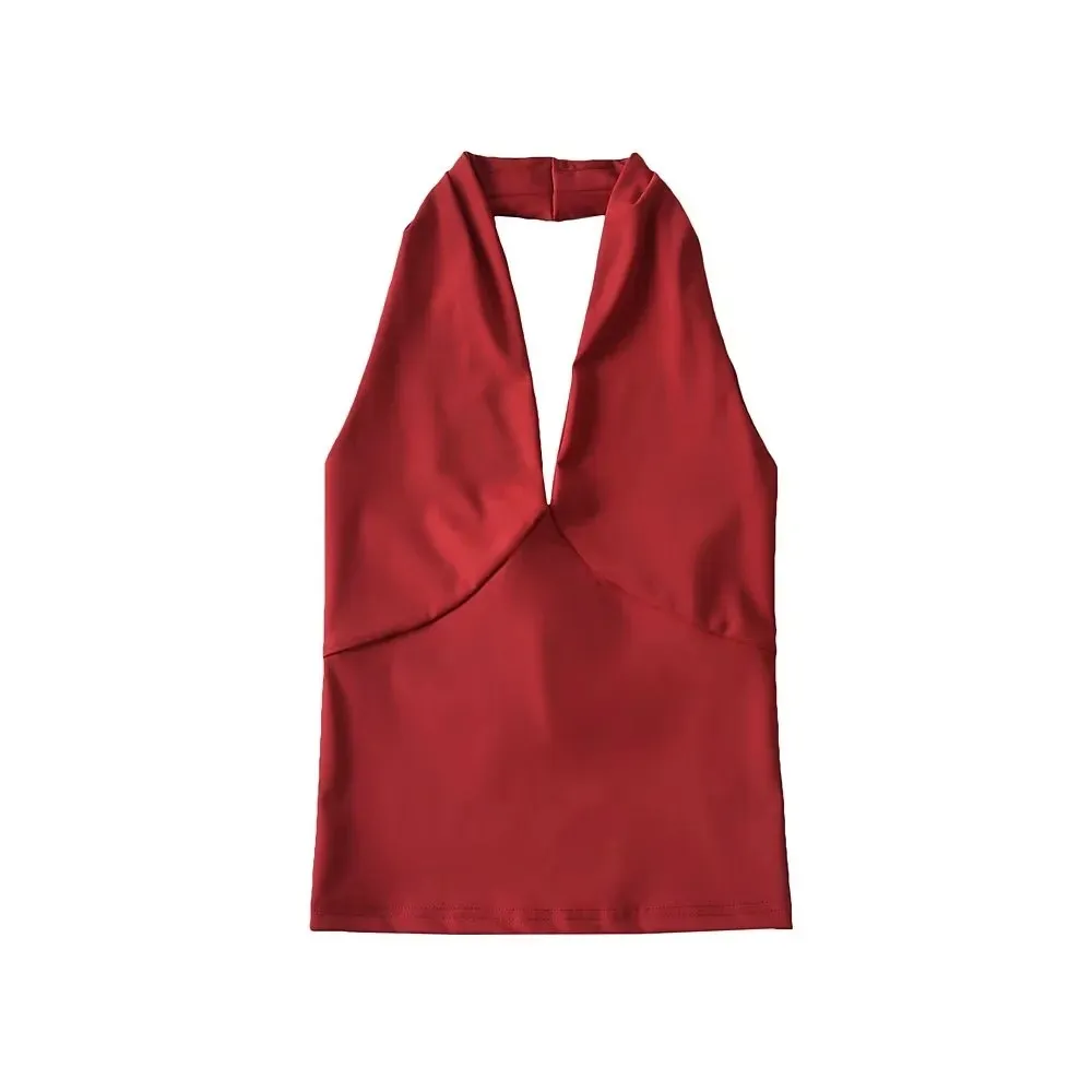 American-style Deep V-neck Halter Vest Women's Outer Wear Design Slim-fit Short High Waist Top - Red