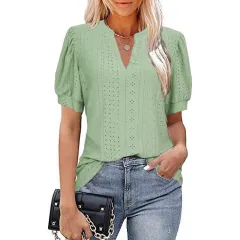 Casual V-neck Solid Colour Hollow Puff Sleeve Loose T-shirt - Light Green - View 1