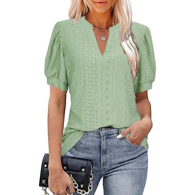 Casual V neck Solid Color Hollow Puff Sleeve Loose T shirt Light Green - Shop at LoveMi