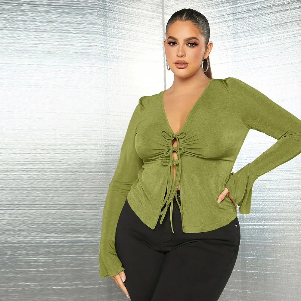 Women's Slim-fit Lace Up V-neck Knitted Long Sleeves Shirt - Green