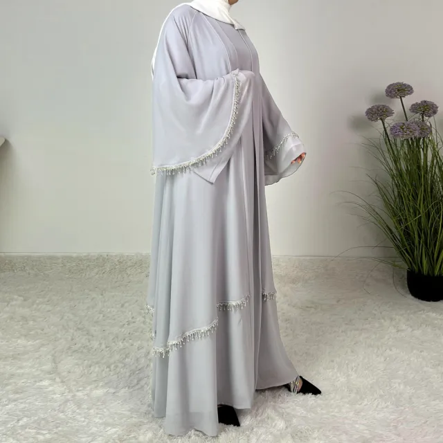 Chiffon Rhinestone Strip Large Bell Sleeve Robe Dress Light Gray - Shop at LoveMi