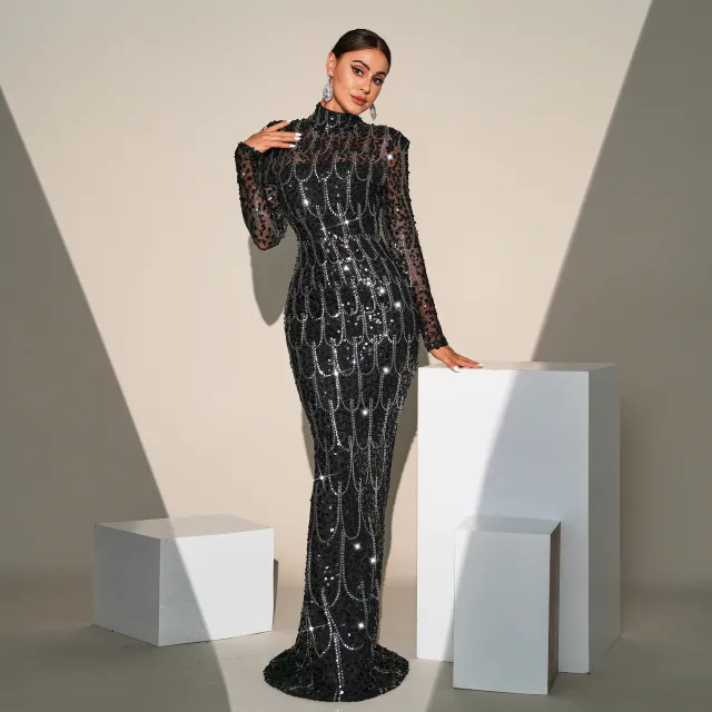 Long Sleeve Round Neck Slim fit Sequined Banquet Evening Dress Black - Shop at LoveMi