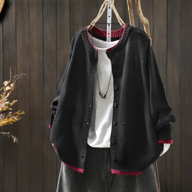 Women's Cardigan Sweater Coat Color Block Cotton Thread Knitting Retro Casual Black - Shop at LoveMi