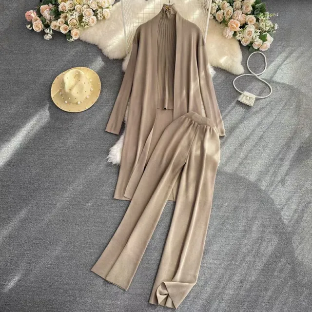 Women's Fashion Casual Knitted Three piece Suit Khaki - Shop at LoveMi