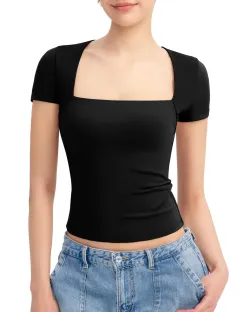Summer Short-sleeved Square Collar Low-cut Women's T-shirt Top - Black - View 1