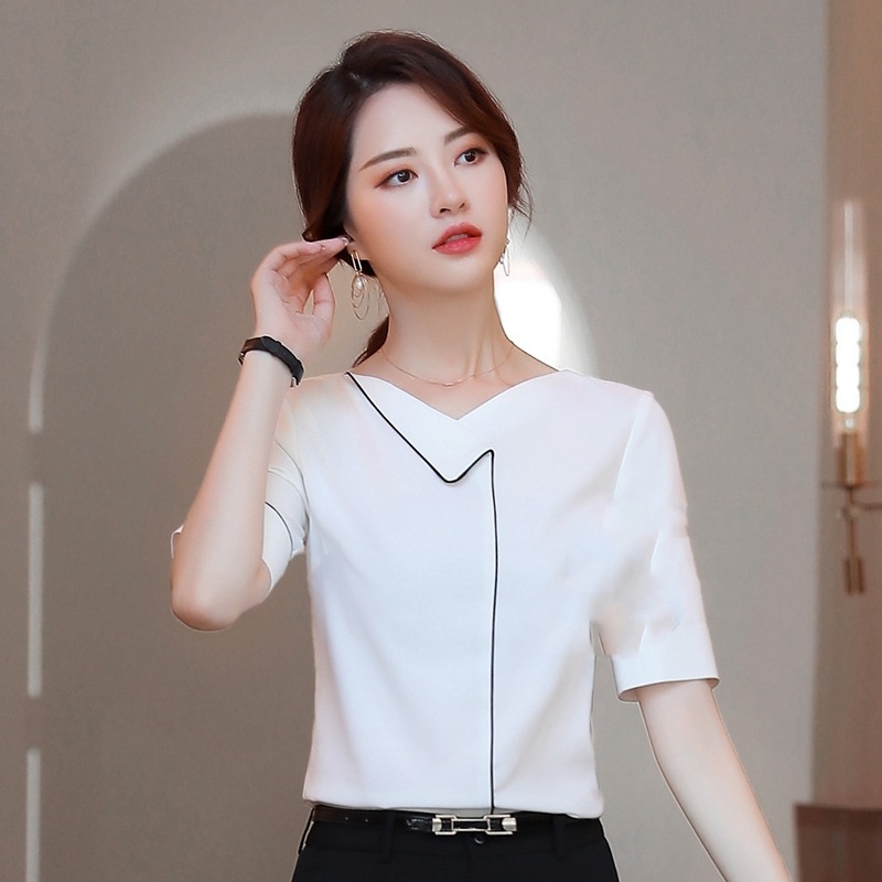 New Women's Collar Short Sleeve Business Solid Color Shirt