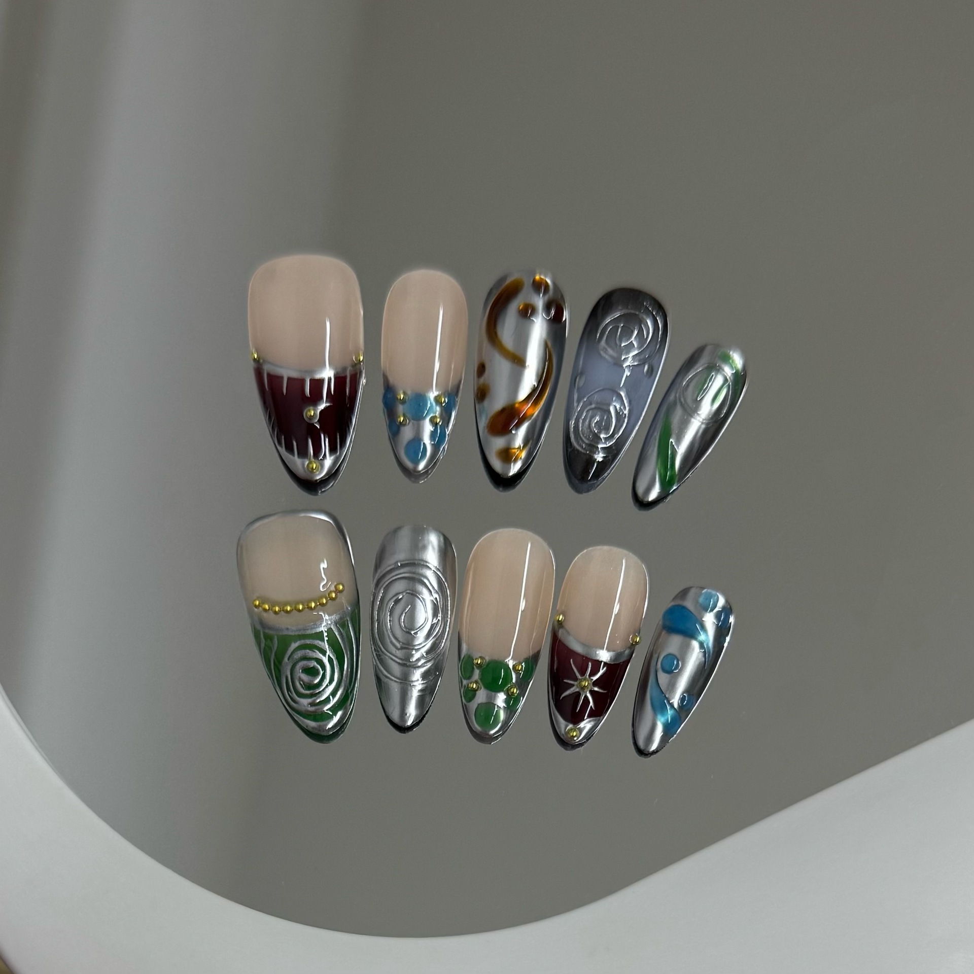 Handmade Wearable Nails Dark Mysterious Blue-green Pattern Punk Style