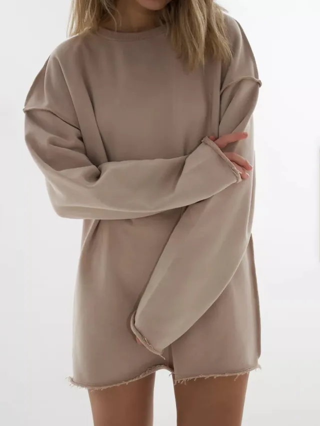 Casual Solid Color Round Neck Long Sleeve Sweatshirt Khaki - Shop at LoveMi