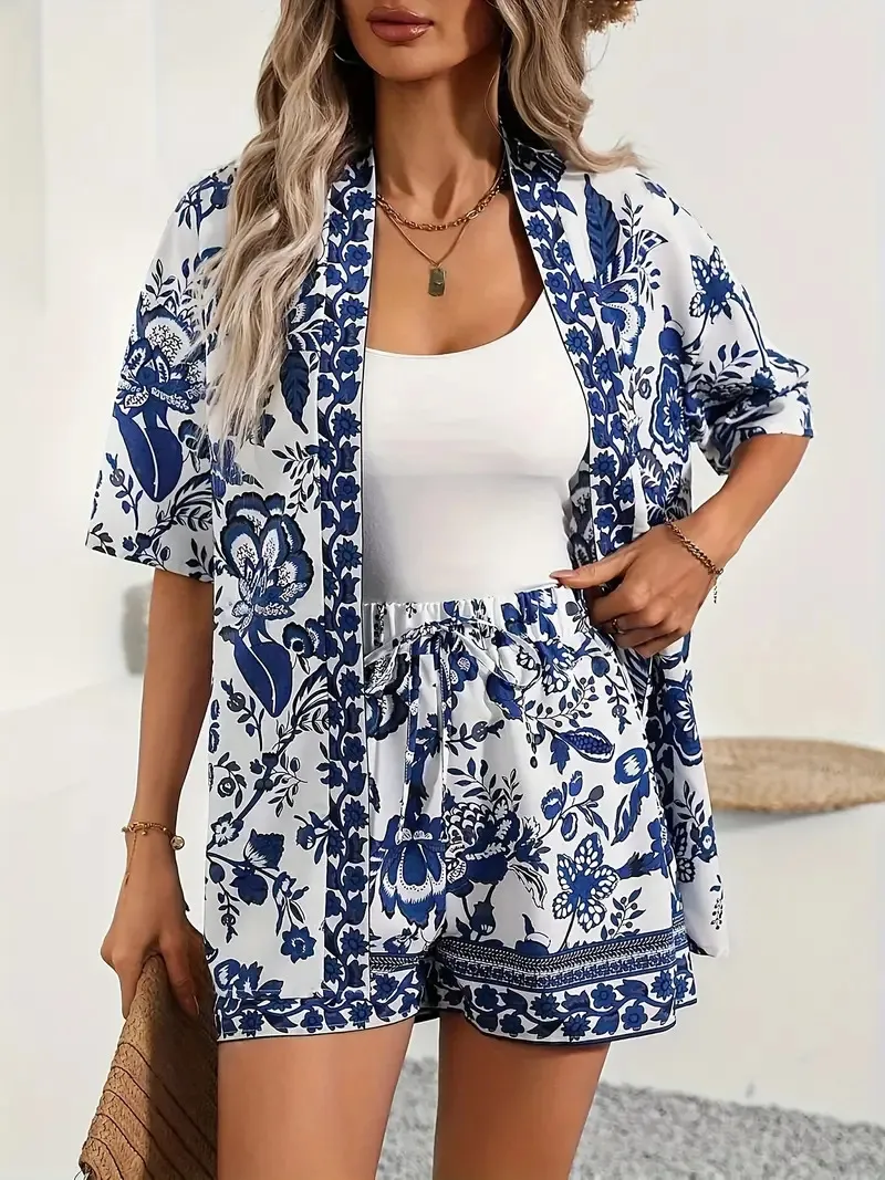 Holiday Floral Print Elegant Two-piece Shirt Short Sleeve Top Drawstring High Waist Shorts - Color4