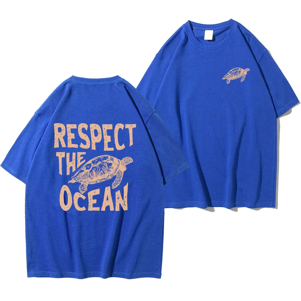 Ladies Respect Ocean Turtle Printed T-shirt - Blue