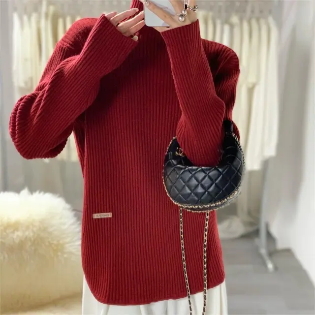 High Neck Split Knitted Women's Long sleeved Sweater Red - Shop at LoveMi