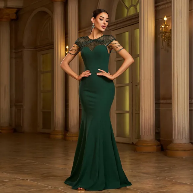 Elegant Sleeveless Round Neck Sequins Slim fit Sheath Banquet Fishtail Evening Dress Green - Shop at LoveMi