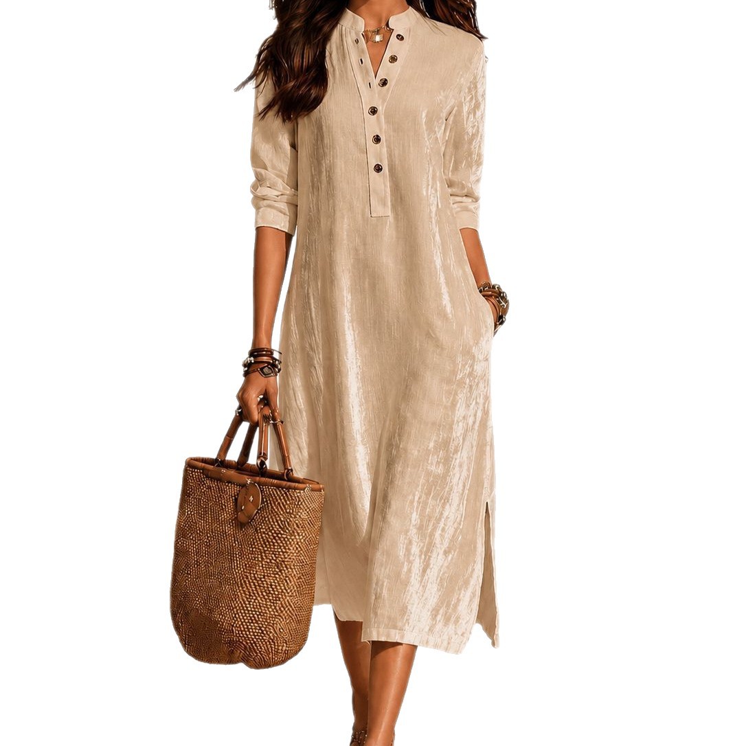 Velvet-button V-neck 34-sleeve Casual Resort Dress For Women 10