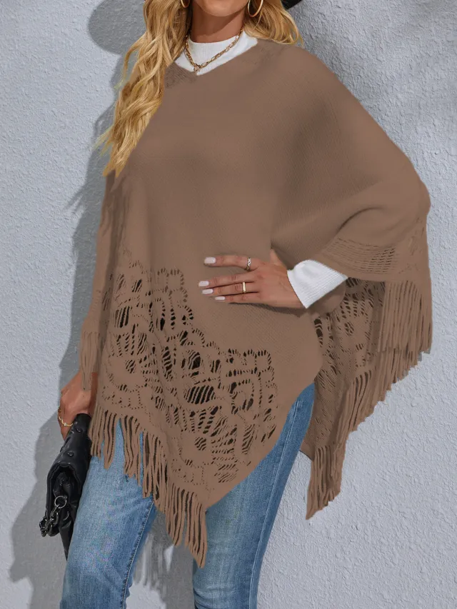Women's Mid length Lace Tassel Shawl Sweater Khaki - Shop at LoveMi