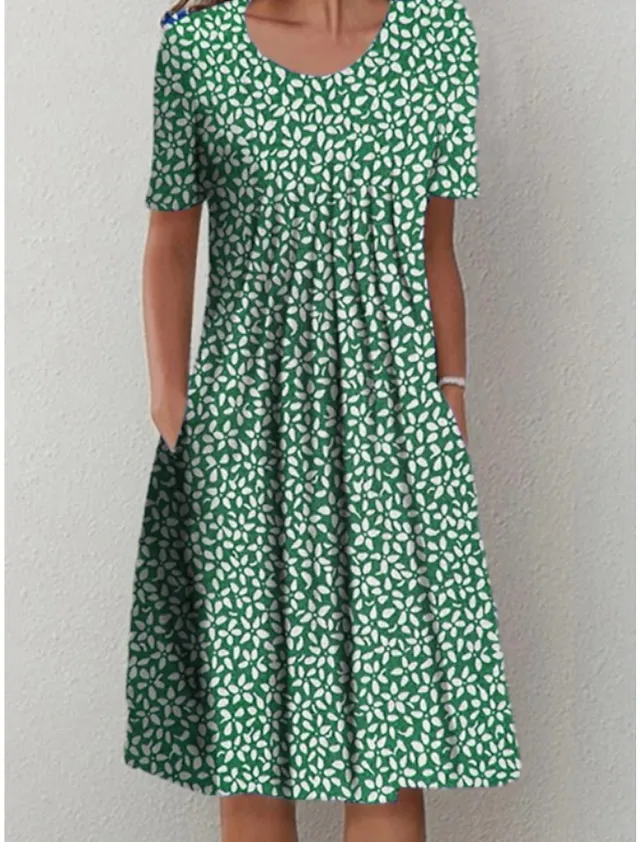 Spring And Summer Women's Elegant Large Swing Round Neck Printed Short Sleeve Dress No 12 Color - Shop at LoveMi