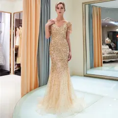Women's Slim-fit Fishtail Sexy Raglan Sleeve V-neck Gold Dress - View 1