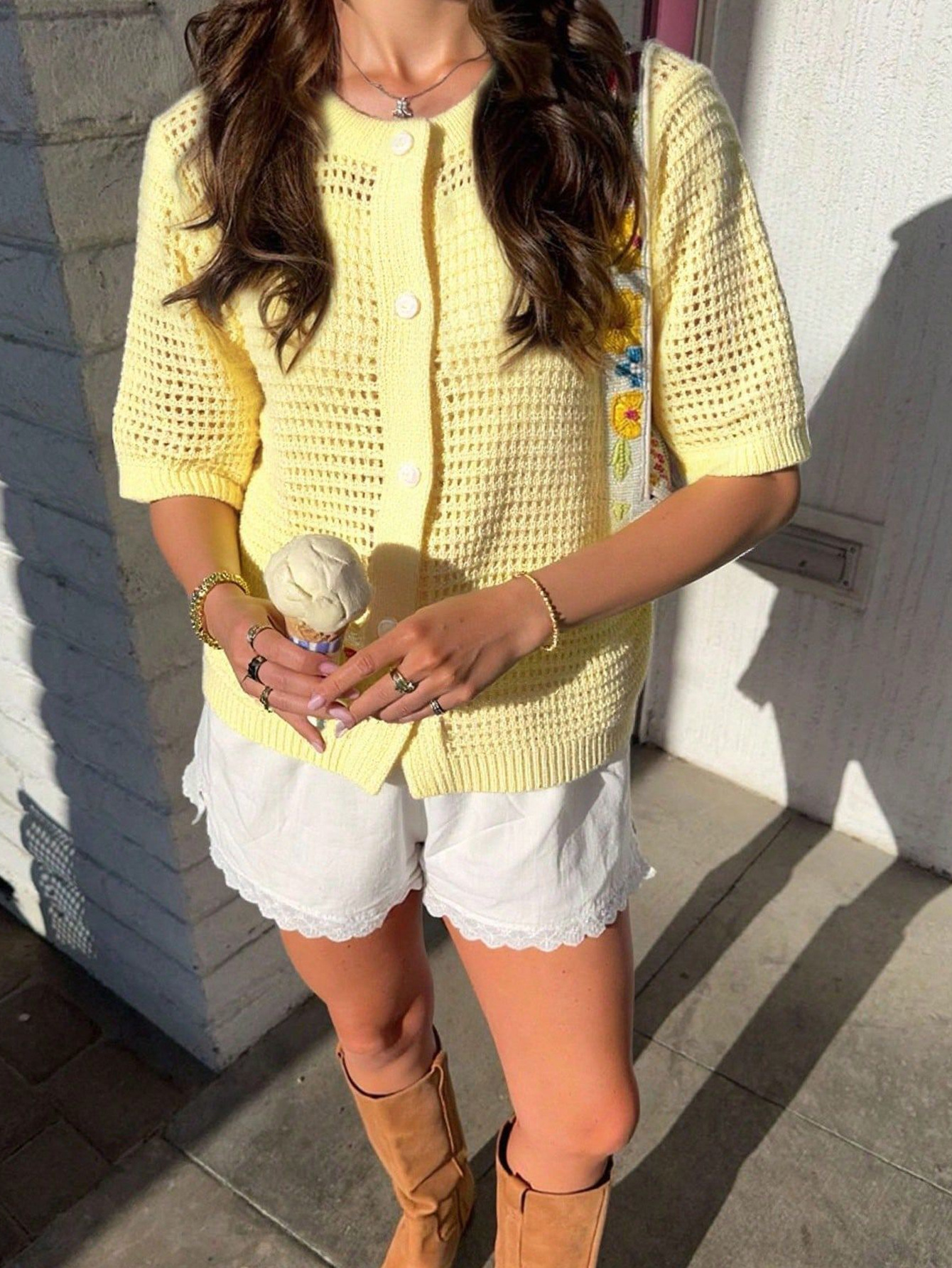 Women's open-front cardigan styled as a casual layering outfit