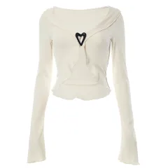 Pure Desire Style V-neck Hollow Wooden Ear Heart Buckle Top - Apricot - View 1